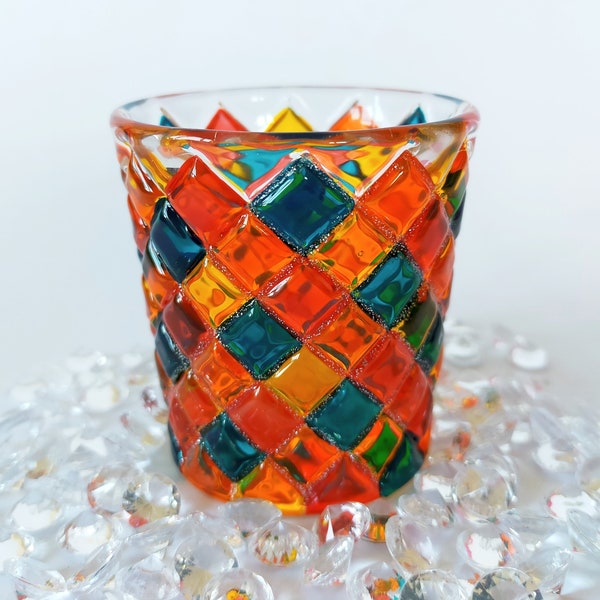 T light candle holder, Glass Votive Candle, Tea Light Holder, Colourful Rainbow Glass Tealight Holder