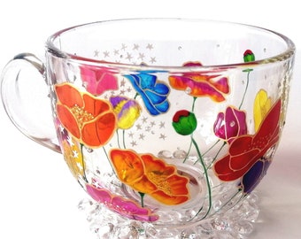 Personalized Floral Mug, Hand Painted Botanical Glass Coffee Mug, Mother's Day Gift