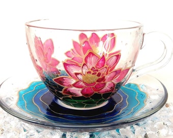 Juego de tazas de té de cristal con forma de loto pintadas a mano, regalo de boda personalizado