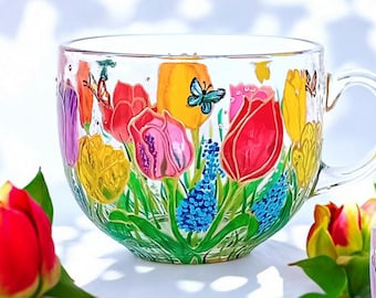 Tulips Hand Painted Glassware Tulips Flower Cup Art Gift Colorful Tea Mug Personalised gift Anniversary glass Gift Office mug Cute cup