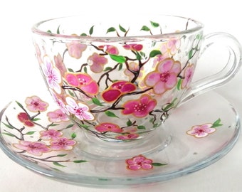 Hand Painted Cherry Blossom Glass Teacup and Saucer Set