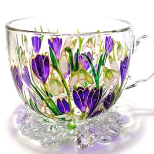 Gifts for Her Friend Floral Mug Botanical Gift Big Mug Tea Mug Custom Mug Glass Coffee Mug Large Coffee Mug Hand Painted Glass Mug