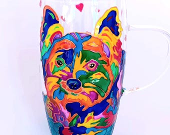 Dog Lovers Christmas Glass Mug | Hand Painted Yorkshire Terrier Cup