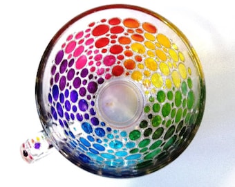 Hand Painted Rainbow Glass Coffee Mug: Large Bubble Design