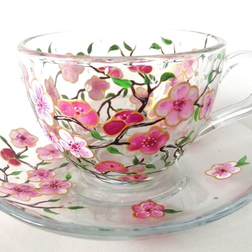 Hand Painted Cherry Blossom Glass Teacup and Saucer Set
