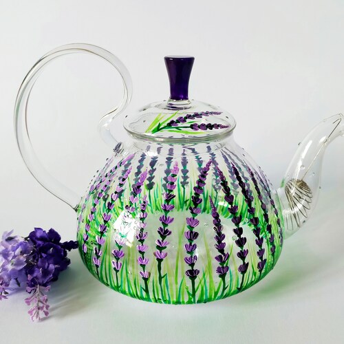 Lavender Teapot, Hand Painted Glass Teapot with Infuser, Tea Party Favors, Personalized Wedding Gift for shops Mom from Daughter