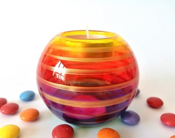 Hand Painted Rainbow Glass Tealight Holder, Unique Candle Holder