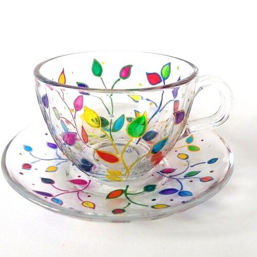 Personalized Tea Cup and Saucer, Hand Painted Colorful Leaves