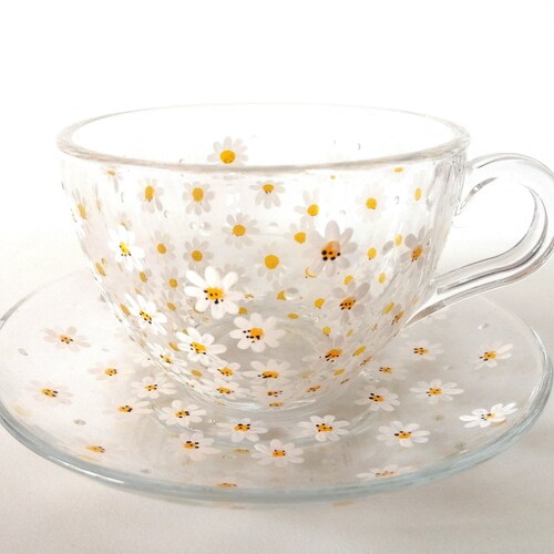 Hand Painted Daisy Glass Teacup and Saucer, Personalized Wedding Gift