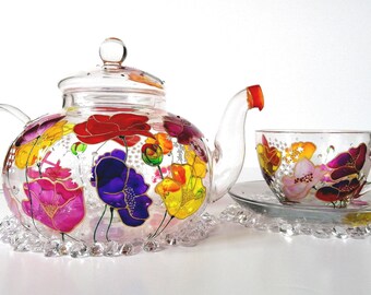 Juego de té de vidrio pintado a mano: amapolas de colores, tetera con infusor
