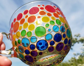 Hand Painted Rainbow Glass Mug: Colorful Coffee Cup (15 oz)