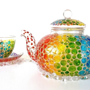 Rainbow Teapot with Cups and Saucers Bright and Colourful Tea Set Personalized Gifts for Couples