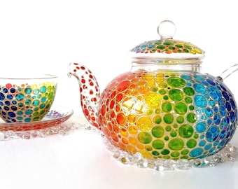 Juego de tetera de vidrio arcoíris pintada a mano: tazas y platillos de té coloridos