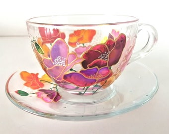 Personalized Floral Glass Teacup and Saucer Set - Wedding Gift