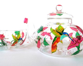 Juego de tetera y taza de vidrio con forma de colibrí pintado a mano: regalo floral para el té