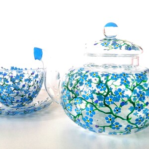 Personalized Forget-Me-Not Tea Set Teapot with Cup and Saucer Hand Painted 50th Birthday Gift for Women