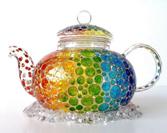 Hand Painted Rainbow Glass Teapot: Colorful Tea Lover Gift