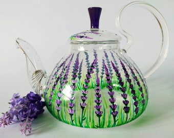 Tetera de cristal color lavanda pintada a mano con infusor, regalo personalizado
