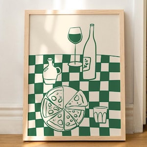 Pizza and wine checkerboard art print in green - Hand-drawn food illustration - Fun aesthetic wall art - Trendy bar cart or kitchen poster