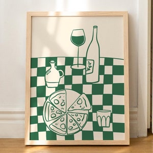 Pizza and wine checkerboard art print in green - Hand-drawn food illustration - Fun aesthetic wall art - Trendy bar cart or kitchen poster