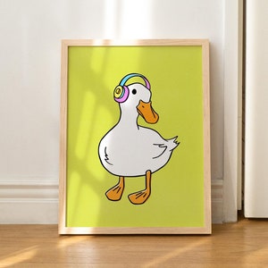Duck with Headphones Print: Hand-Drawn Animal Poster, Green background
