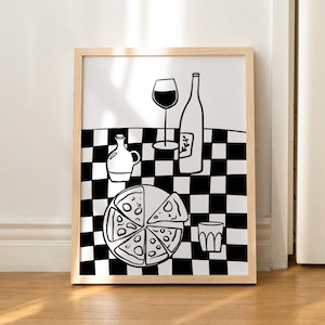 Pizza and wine checkerboard art print in black - Hand-drawn illustration - Trendy bar cart or kitchen poster - Fun aesthetic wall art