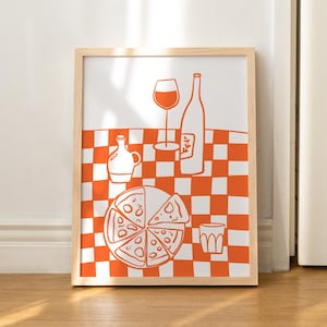 Pizza and wine checkerboard art print in orange - Hand-drawn illustration - Trendy bar cart or kitchen poster - Fun aesthetic wall art