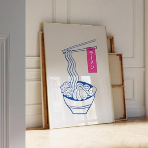 Ramen print in blue and pink - Hand-drawn illustration - Aesthetic Japanese wall art - Trendy bar cart or kitchen poster
