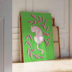Pink Tiger Art Print – Green Background, Trendy Wall Decor