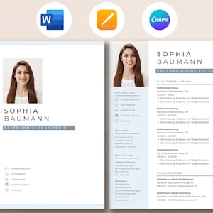 May include: A resume template with a photo of a woman, her name is Sophia Baumann, and her job title is Kaufmännische Leiterin. The resume includes sections for personal information, languages, skills, work experience, and education.