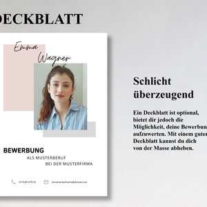 Pu&ograve; includere: Un modello di lettera di presentazione bianco e grigio con il testo "DECKBLATT" in alto. Il modello include una foto di una donna con il testo "Emma Wagner" e il testo "BEWERBUNG ALS MUSTERBERUF BEI DER MUSTERFIRMA". Il testo "Schlicht &uuml;berzeugend" &egrave; in alto a destra del modello. Il testo "Ein Deckblatt ist optional, bietet dir jedoch die M&ouml;glichkeit, deine Bewerbung aufzuwerten. Mit einem guten Deckblatt kannst du dich von der Masse abheben." &egrave; sotto il testo "Schlicht &uuml;berzeugend".
