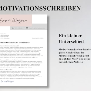 Pu&ograve; includere: Un modello di lettera motivazionale rosa e bianco con il testo "Motivationsschreiben" in alto e "Emma Wagner" in basso. Il testo del documento &egrave; in tedesco. Il documento include una sezione intitolata "Meine Motivation als Musterberuf" e un'altra sezione intitolata "Besondere St&auml;rken und fachliche Kenntnisse". Il documento include anche una sezione intitolata "Meine beruflichen Ziele".