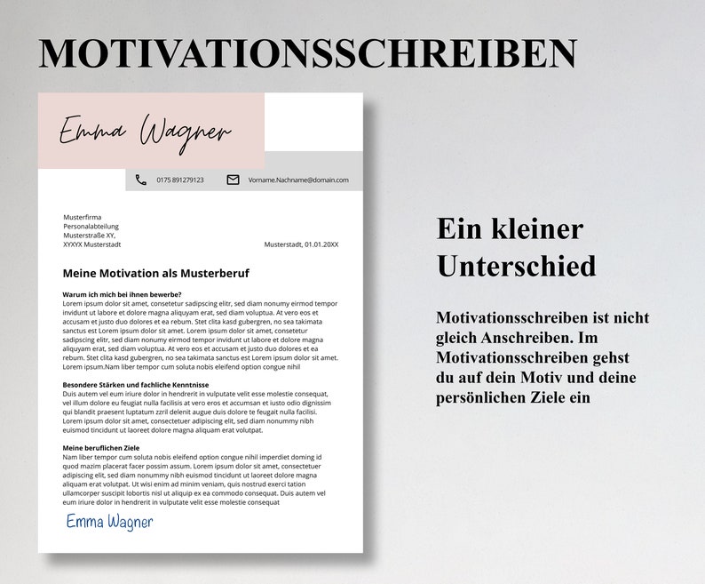 Pu&ograve; includere: Un modello di lettera motivazionale rosa e bianco con il testo "Motivationsschreiben" in alto e "Emma Wagner" in basso. Il testo del documento &egrave; in tedesco. Il documento include una sezione intitolata "Meine Motivation als Musterberuf" e un'altra sezione intitolata "Besondere St&auml;rken und fachliche Kenntnisse". Il documento include anche una sezione intitolata "Meine beruflichen Ziele".