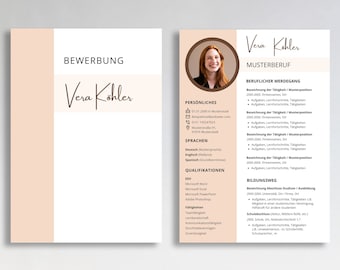 May include: A resume template with a brown and peach background. The top of the resume has a photo of a woman with brown hair and a brown shirt. The resume is in German and includes the name Vera Kohler, the job title Musterberuf, and the heading "Beruflicher Werdegang".