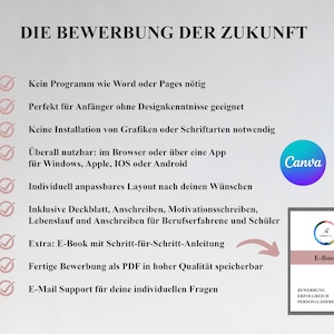 Pu&ograve; includere: Un elenco di funzionalit&agrave; per un'app di creazione di curriculum. L'elenco include funzionalit&agrave; come la mancanza di necessit&agrave; di programmi come Word o Pages, perfetto per i principianti, nessuna installazione di grafica o caratteri, accessibile su qualsiasi dispositivo, layout personalizzabile e include una lettera di presentazione, un curriculum e una lettera di motivazione. L'app include anche un e-book con istruzioni passo passo e ti consente di salvare il tuo curriculum come PDF. L'app offre anche supporto via e-mail per qualsiasi domanda.