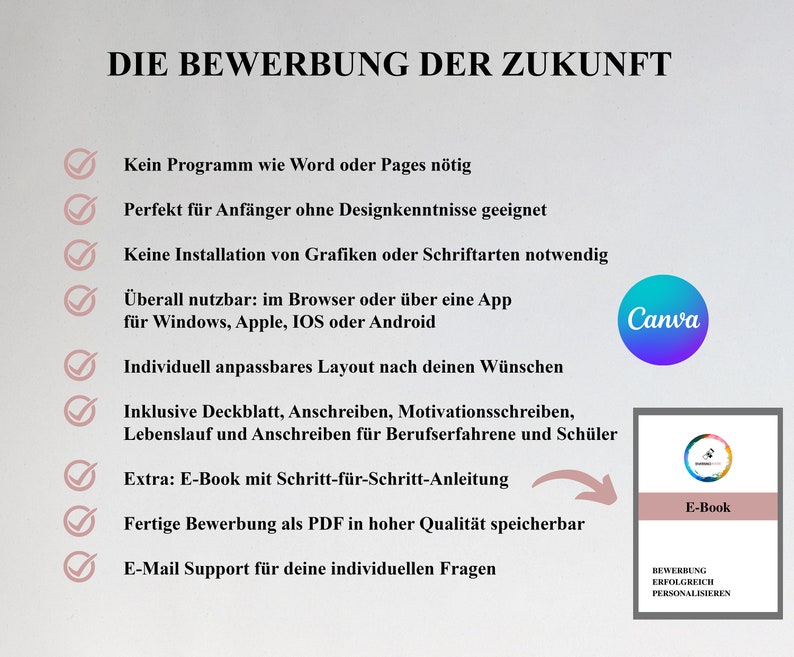 Pu&ograve; includere: Un elenco di funzionalit&agrave; per un'app di creazione di curriculum. L'elenco include funzionalit&agrave; come la mancanza di necessit&agrave; di programmi come Word o Pages, perfetto per i principianti, nessuna installazione di grafica o caratteri, accessibile su qualsiasi dispositivo, layout personalizzabile e include una lettera di presentazione, un curriculum e una lettera di motivazione. L'app include anche un e-book con istruzioni passo passo e ti consente di salvare il tuo curriculum come PDF. L'app offre anche supporto via e-mail per qualsiasi domanda.