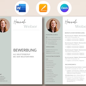 Könnte beinhalten: Eine hellblaue und weiße Lebenslaufvorlage mit einem Foto einer Frau, dem Text "Hannah Weber" und Abschnitten für "Kontakt", "Bewerbung", "Persönliches", "Sprachen", "Qualifikationen", "Beruflicher Werdegang" und "Bildungsweg".
