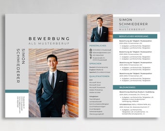 Modello di domanda CV tabulare tedesco lettera di presentazione creativa foglio di copertina moderno uomo business design semplice stage grigio turchese
