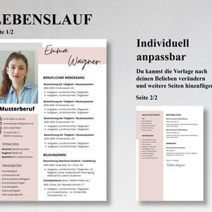 Pu&ograve; includere: Un modello di curriculum vitae rosa e bianco con il titolo "Lebenslauf" e il nome "Emma Wagner". Il curriculum vitae include sezioni per l'esperienza lavorativa, l'istruzione, le competenze e le lingue. Il modello &egrave; progettato per essere facilmente personalizzabile.