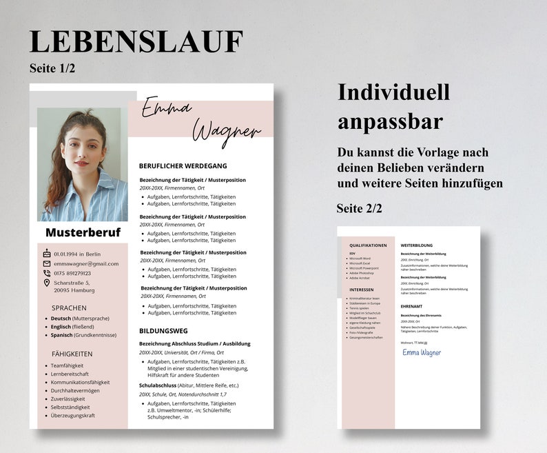 Pu&ograve; includere: Un modello di curriculum vitae rosa e bianco con il titolo "Lebenslauf" e il nome "Emma Wagner". Il curriculum vitae include sezioni per l'esperienza lavorativa, l'istruzione, le competenze e le lingue. Il modello &egrave; progettato per essere facilmente personalizzabile.