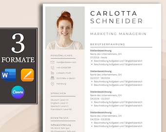Puede incluir: Una plantilla de currículum con una foto de una mujer, el nombre Carlotta Schneider y el título Marketing Managerin. El currículum incluye secciones para información personal, experiencia laboral, idiomas y habilidades.