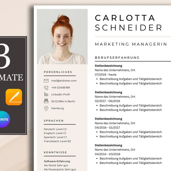 Bewerbungsvorlage Word und Pages, tabellarischer Lebenslauf modern, Bewerbung Anschreiben, Deckblätter Vorlage mit Foto, Deutsch 2023 Beige