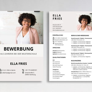 Pode incluir: Um currículo para Ella Fries, uma candidata a professora. O currículo inclui informações pessoais, habilidades linguísticas, qualificações, experiência profissional e educação. O currículo está formatado com um fundo branco e texto preto.