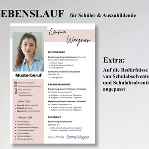 Pu&ograve; includere: Un modello di curriculum vitae rosa e bianco progettato per studenti e tirocinanti. Il modello presenta una foto di una giovane donna, una sezione per informazioni personali, istruzione, esperienza lavorativa, competenze ed esperienza di volontariato. Il testo "Extra: Auf die Bed&uuml;rfnisse von Schulabsolventen und Schulabsolventinnen angepasst" &egrave; incluso nella parte inferiore della pagina.