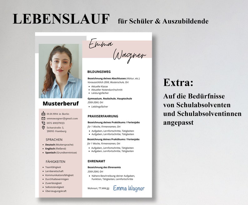 Pu&ograve; includere: Un modello di curriculum vitae rosa e bianco progettato per studenti e tirocinanti. Il modello presenta una foto di una giovane donna, una sezione per informazioni personali, istruzione, esperienza lavorativa, competenze ed esperienza di volontariato. Il testo "Extra: Auf die Bed&uuml;rfnisse von Schulabsolventen und Schulabsolventinnen angepasst" &egrave; incluso nella parte inferiore della pagina.