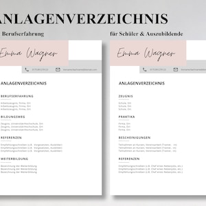Pu&ograve; includere: Un documento in bianco e nero con il titolo "ANLAGENVZEICHNIS" e il testo "mit Berufserfahrung" e "f&uuml;r Sch&uuml;ler & Auszubildende". Il documento elenca varie categorie come "Berufserfahrung", "Bildungsweg", "Referenzen", "Weiterbildung", "Zeugnis", "Praktika", "Bescheinigungen" e "Referenzen".
