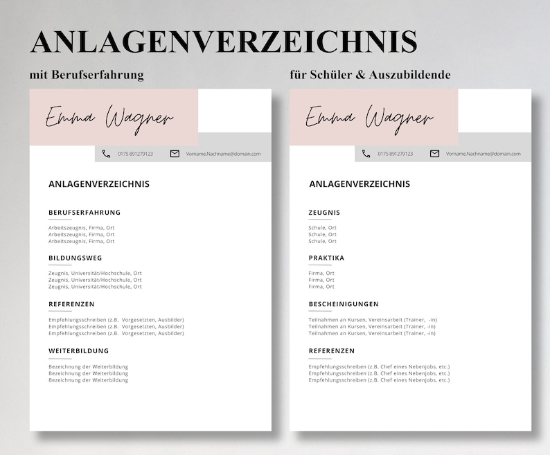 Pu&ograve; includere: Un documento in bianco e nero con il titolo "ANLAGENVZEICHNIS" e il testo "mit Berufserfahrung" e "f&uuml;r Sch&uuml;ler & Auszubildende". Il documento elenca varie categorie come "Berufserfahrung", "Bildungsweg", "Referenzen", "Weiterbildung", "Zeugnis", "Praktika", "Bescheinigungen" e "Referenzen".