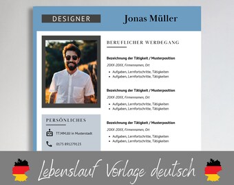 以下が含まれることがあります： 青い白の履歴書テンプレートで、名前はJonas Müller、肩書きはデザイナー。テンプレートには、個人情報セクションと職務経歴セクションが含まれています。