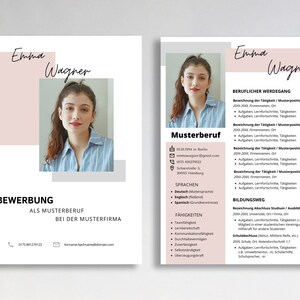 Pu&ograve; includere: Un modello di curriculum vitae rosa e bianco con una foto di una donna. Il curriculum include informazioni di contatto, esperienza lavorativa, istruzione e competenze. Il testo del curriculum include il nome Emma Wagner, il titolo di lavoro Musterberuf e il nome dell'azienda Musterfirma.