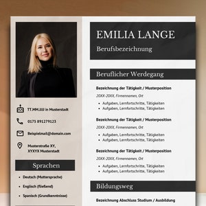 May include: A black and white CV template with a woman's headshot in the top left corner. The CV includes the name "EMILIA LANGE", the title "Berufsbezeichnung", and the heading "Beruflicher Werdegang".